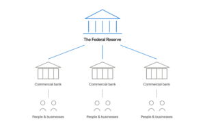 Federal Reserve explained: diagram showing the Fed above commercial banks, which serve people and businesses