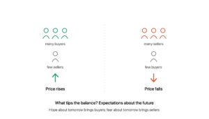 Many buyers and few sellers push the price up, while many sellers and few buyers push it down, with future expectations tipping the balance either way