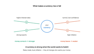 Your currency in the centre with green arrows bringing money in from higher interest rates and strong exports making it stronger, and orange arrows pushing money out through turmoil and high inflation making it weaker