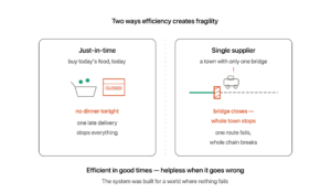 Two fragility traps: just-in-time kitchen buys today's food today so a closed store means no dinner; a town with only one bridge stops entirely when that bridge closes — both optimized for a world where nothing fails
